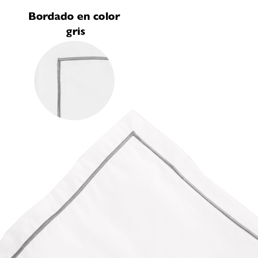 Combo de 4 Fundas para Almohada de 250 hilos, mezcla 50% algodón, 50% poliéster, Bordado Color Gris en el perímetro